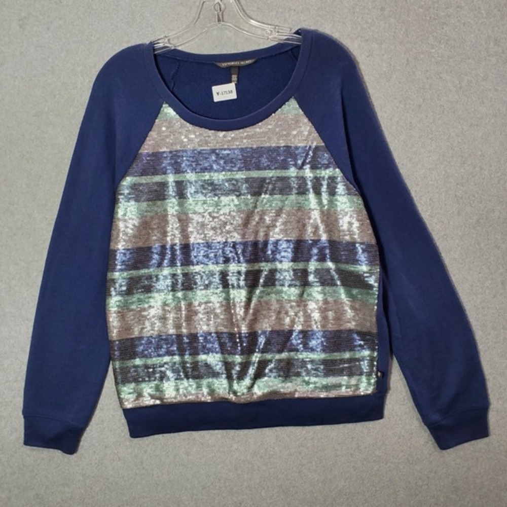 Victoria's Secret Women Sweatshirt Medium Blue Striped Bling Sequins Crew Neck